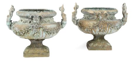A PAIR OF ITALIAN BRONZE GARDEN URNS EARLY 20TH CENTURY each of swollen form, with an egg and dart