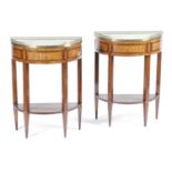 A PAIR OF FRENCH LOUIS XVI KINGWOOD DEMI-LUNE SIDE TABLES 18TH CENTURY each with a marble top