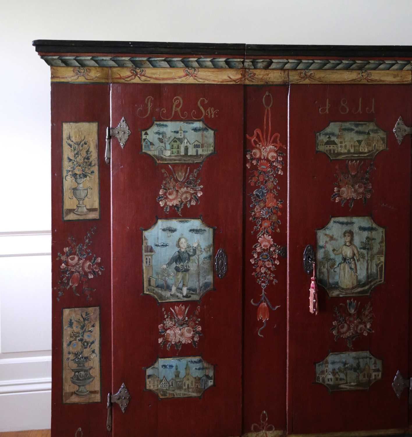 A NORTH EUROPEAN PAINTED MARRIAGE ARMOIRE POSSIBLY TYROLEAN, EARLY 19TH CENTURY, DATED '1811' with a - Image 2 of 3