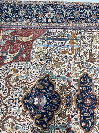 AN UNUSUAL INDIAN CARPET C.1960 the ivory field with trees, vines and mythological animals around - Image 7 of 18