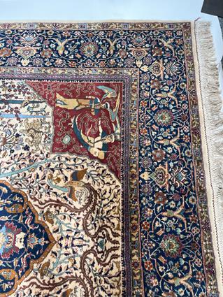 AN UNUSUAL INDIAN CARPET C.1960 the ivory field with trees, vines and mythological animals around - Image 12 of 18