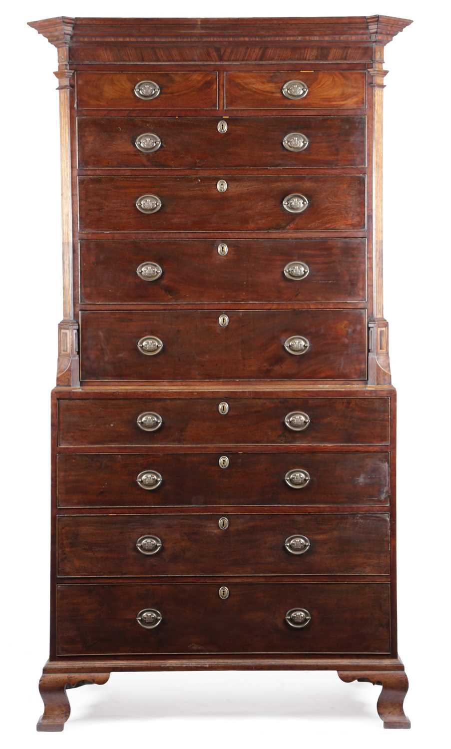 A GEORGE III MAHOGANY CHEST ON CHEST CHANNEL ISLANDS, LATE 18TH CENTURY inlaid with paterae and faux