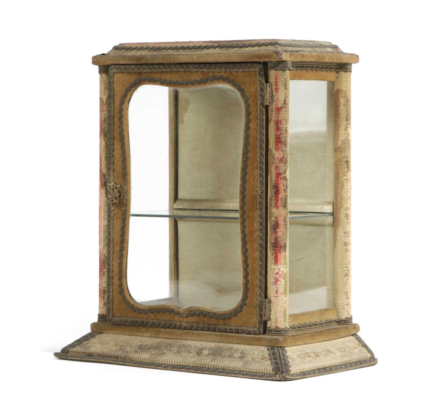 A CONTINENTAL VELVET AND GLASS DISPLAY CASE ITALIAN OR FRENCH, LATE 19TH CENTURY with a raised top