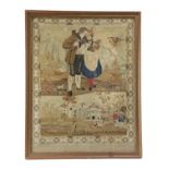 AN EARLY VICTORIAN NEEDLEWORK COMMEMORATIVE PANEL DATED '1845' depicting a rustic couple in a