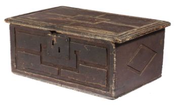 A GEORGE II PAINTED ELM BOX C.1730-40 with geometric carved decoration and original painted surface,