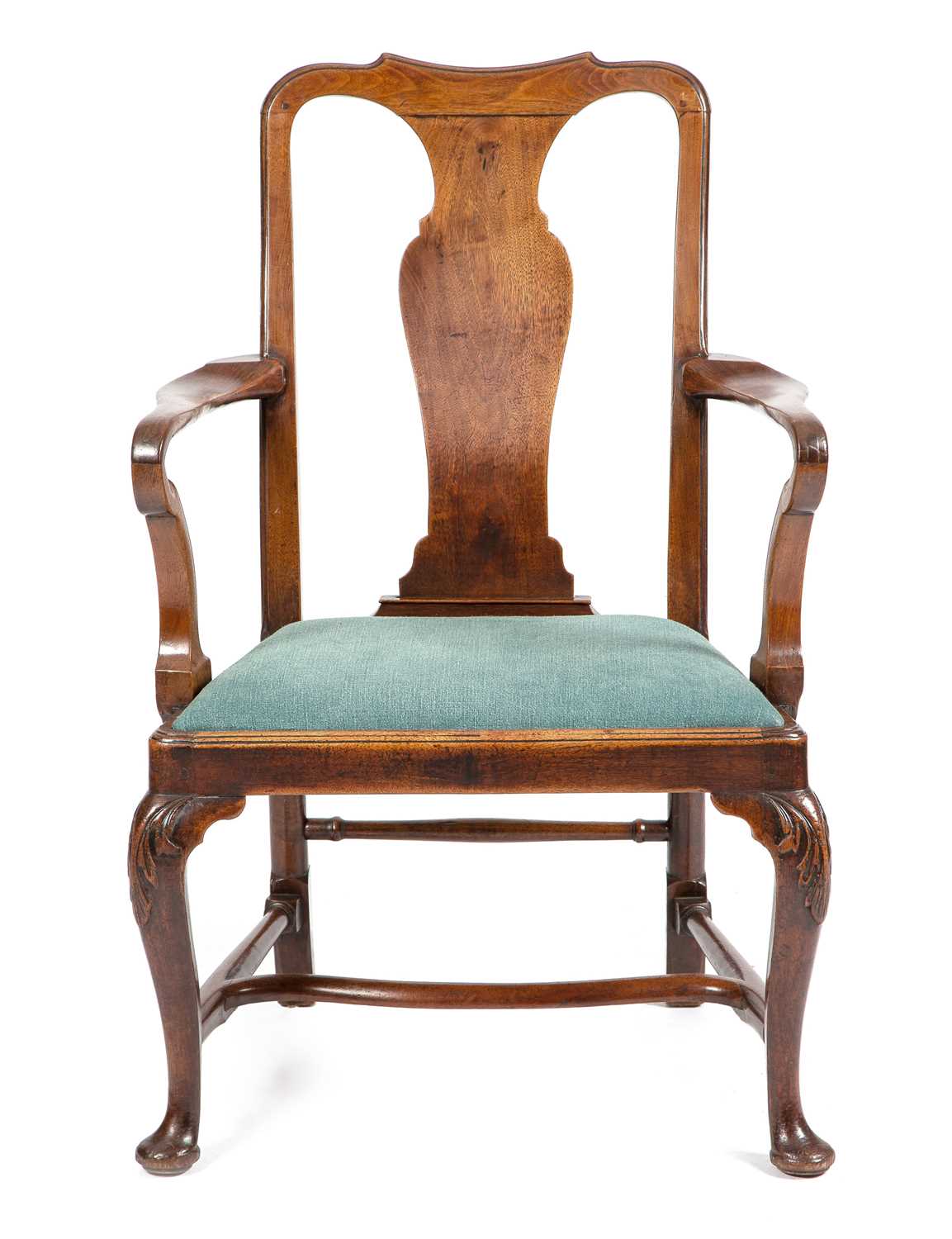 A GEORGE II VIRGINIAN WALNUT ARMCHAIR C.1740 with a moulded top rail above a solid splat and a later