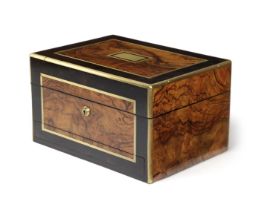 AN EARLY VICTORIAN WALNUT, EBONY AND BRASS JEWELLERY BOX MID-19TH CENTURY the top with a central