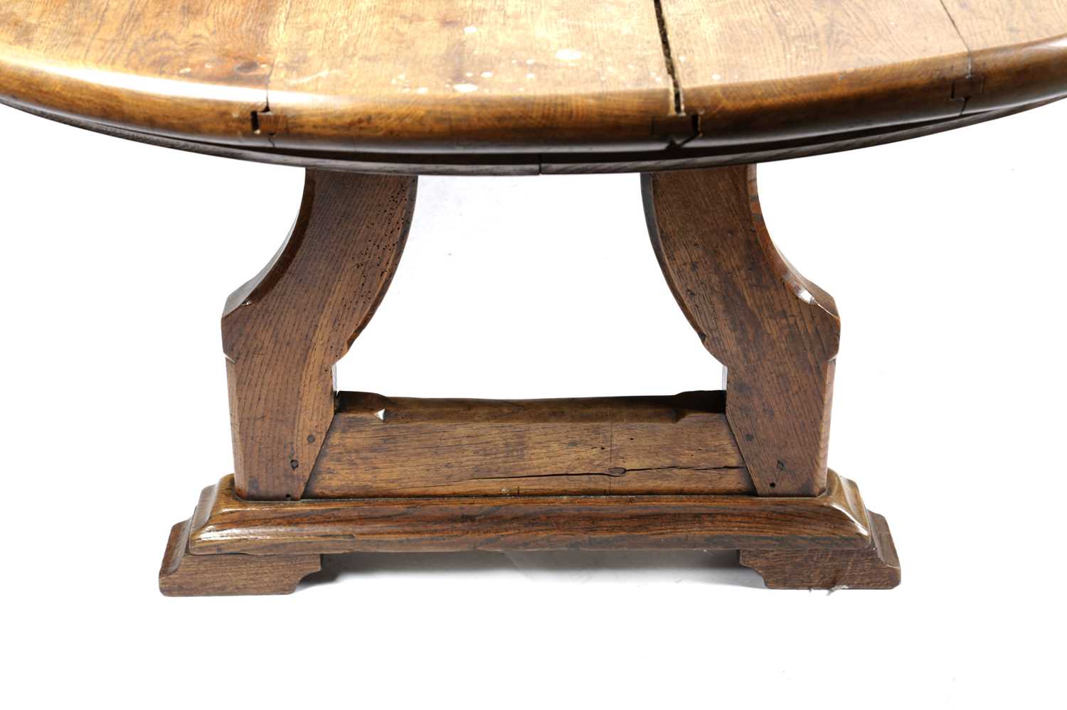 A LARGE FRENCH OAK FARMHOUSE KITCHEN TABLE 19TH CENTURY the boarded top with rounded ends on open - Image 3 of 4