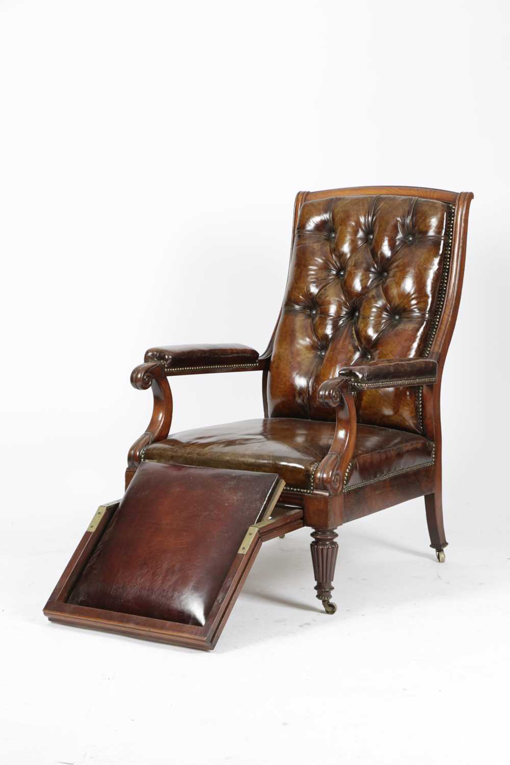 A GEORGE IV MAHOGANY LIBRARY ARMCHAIR C.1830 covered with brass studded leather and with a pull- - Image 2 of 2