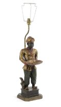 A BLACKAMOOR TABLE LAMP 20TH CENTURY the male figure standing before a brass lamp, wearing a