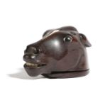 A TREEN HORSE'S HEAD SNUFF BOX EARLY 19TH CENTURY inlaid with a bone blaze, teeth and eyes, the