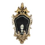 AN ITALIAN CARTOUCHE SHAPED GIRANDOLE MIRROR VENETIAN, 19TH CENTURY the plate etched with a vase