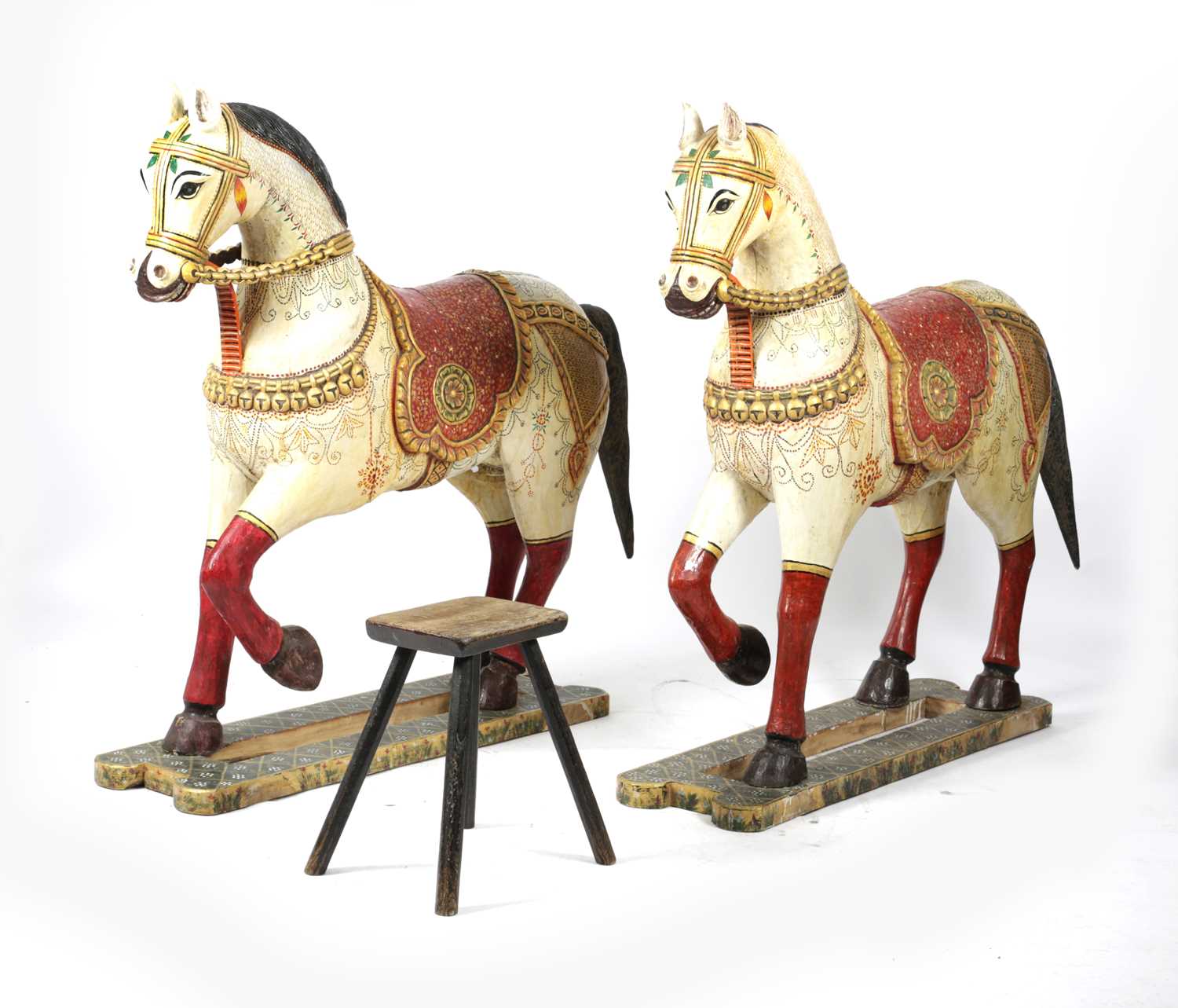 A LARGE PAIR OF INDIAN PAINTED WOOD HORSES RAJASTHAN, MID-20TH CENTURY each polychrome decorated - Image 2 of 2