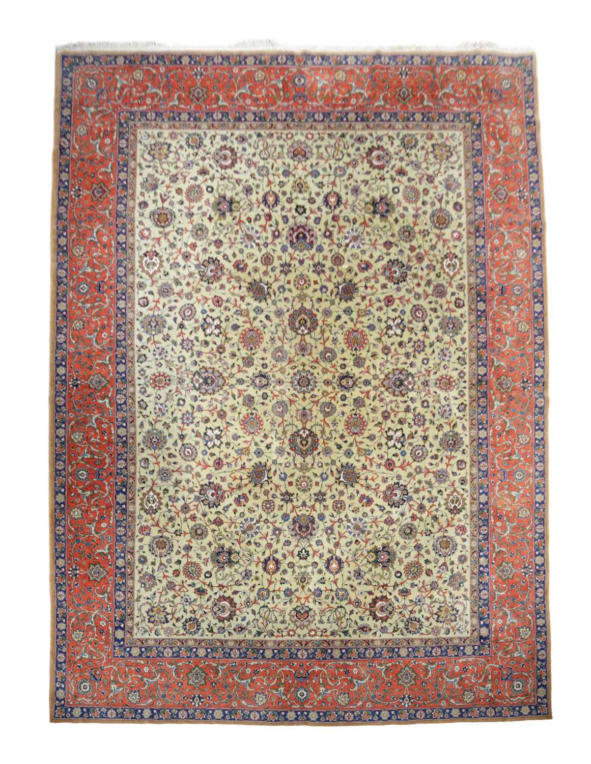 A FINE PERSIAN CARPET PROBABLY TABRIZ, NORTH WEST PERSIA, C.1950 the pale celadon field with an