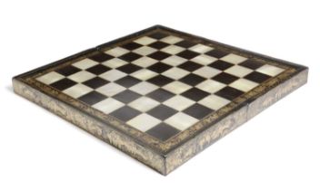 A CHINESE EXPORT LACQUER AND MOTHER OF PEARL GAMES BOARD 19TH CENTURY the exterior with a mother