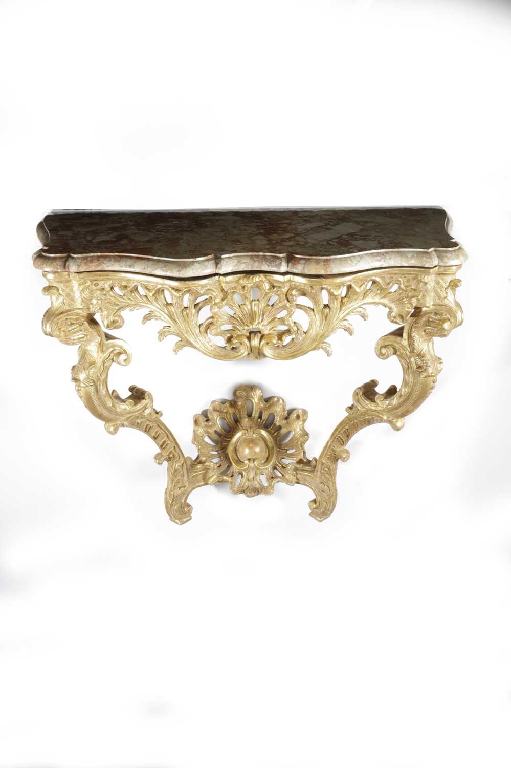 A GEORGE II GILTWOOD CONSOLE TABLE C.1755-60 in the French manner, the pink mottled marble top - Bild 2 aus 2