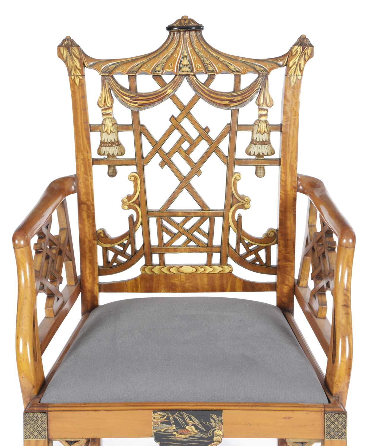 A FINE PAINTED SATINWOOD ARMCHAIR IN GEORGE III CHINESE CHIPPENDALE STYLE, ATTRIBUTED TO S. - Image 2 of 3