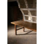 AN ELM REFECTORY TABLE 19TH CENTURY, INCORPORATING EARLIER WOODS the cleated two plank top on square