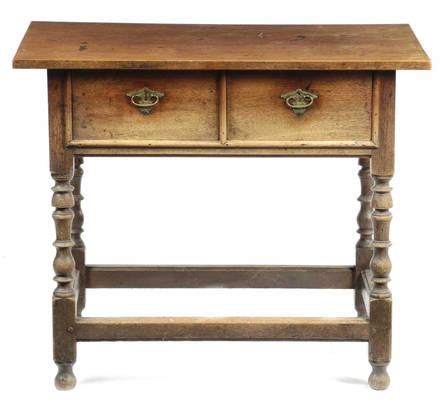 A WALNUT AND OAK SIDE TABLE 17TH CENTURY AND LATER with two deep frieze drawers on turned legs 72.