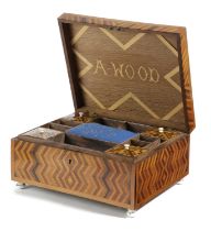 A VICTORIAN PARQUETRY SPECIMEN WOOD BOX DATED 1878 with overall geometric decoration, the interior