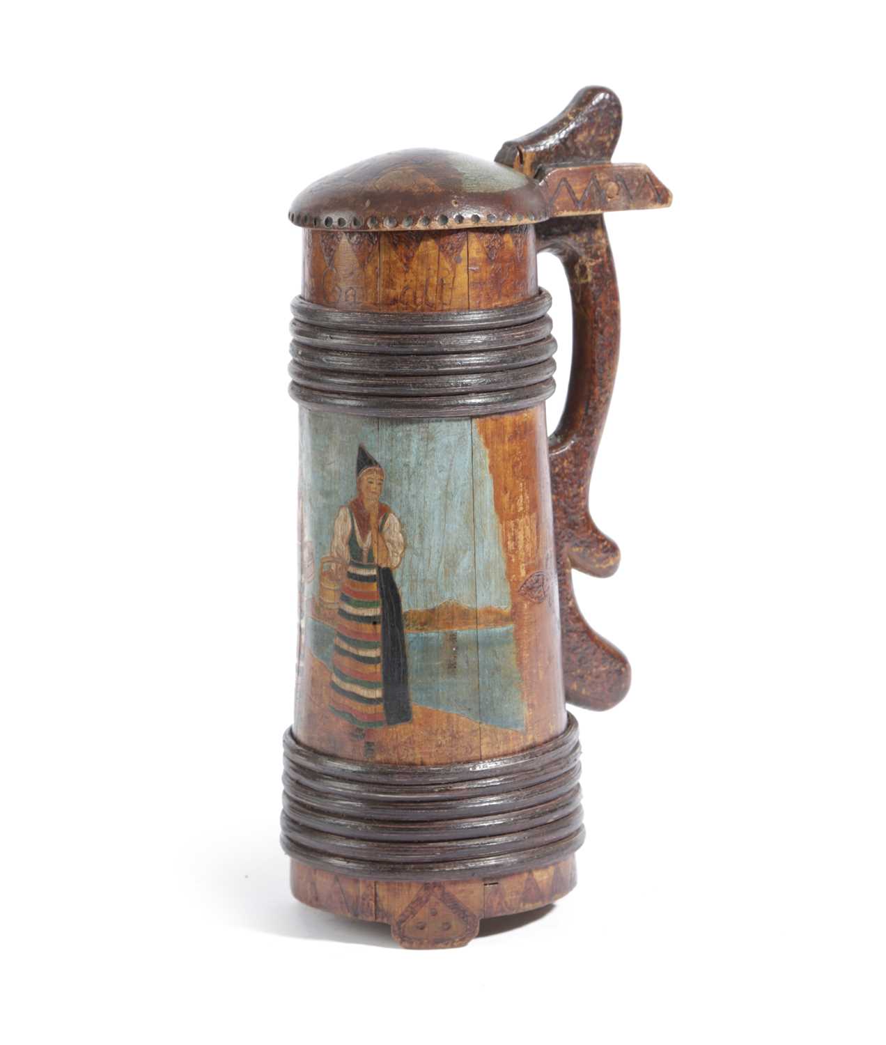 A TREEN PEG TANKARD PROBABLY SCANDINAVIAN OR HUNGARIAN, LATE 19TH CENTURY of tapering cylindrical