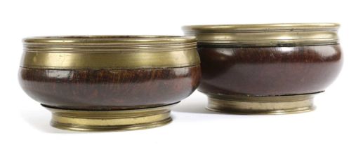 TWO DUTCH TREEN AND BRASS MOUNTED TOBACCO BOWLS EARLY 18TH CENTURY each of slightly swollen form,