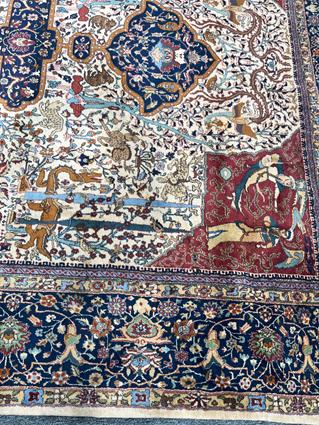 AN UNUSUAL INDIAN CARPET C.1960 the ivory field with trees, vines and mythological animals around - Image 14 of 18