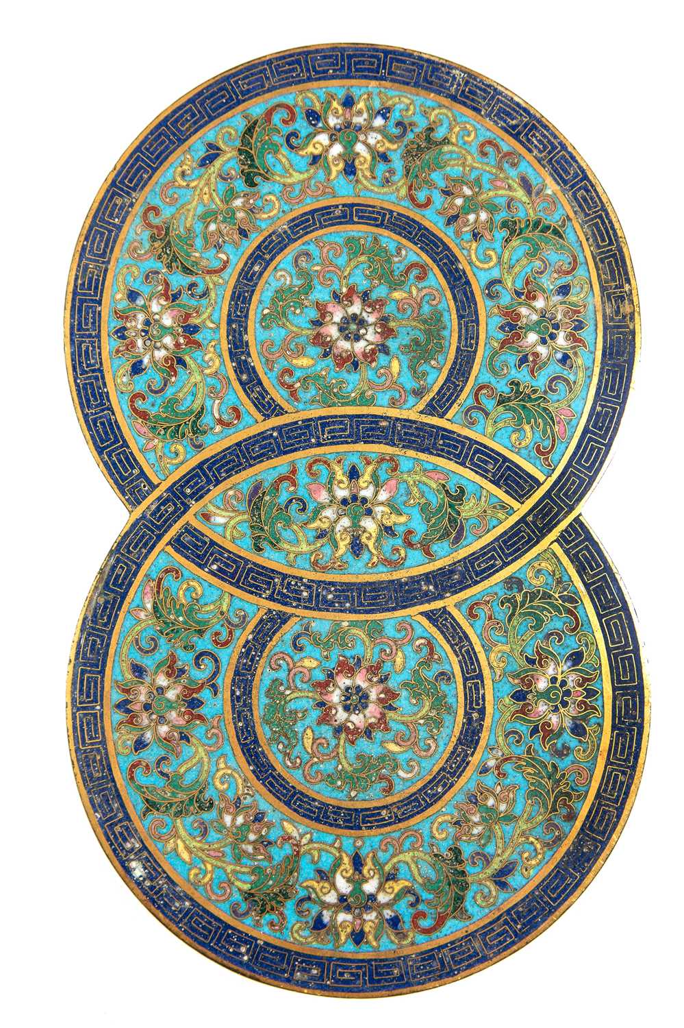 A CHINESE CLOISONNE COVER 18TH / 19TH CENTURY formed as two interlinked circles, decorated with - Image 4 of 7