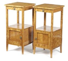 A PAIR OF BIEDERMEIER SATIN BIRCH BEDSIDE TABLES LATE 19TH CENTURY each fitted with a frieze