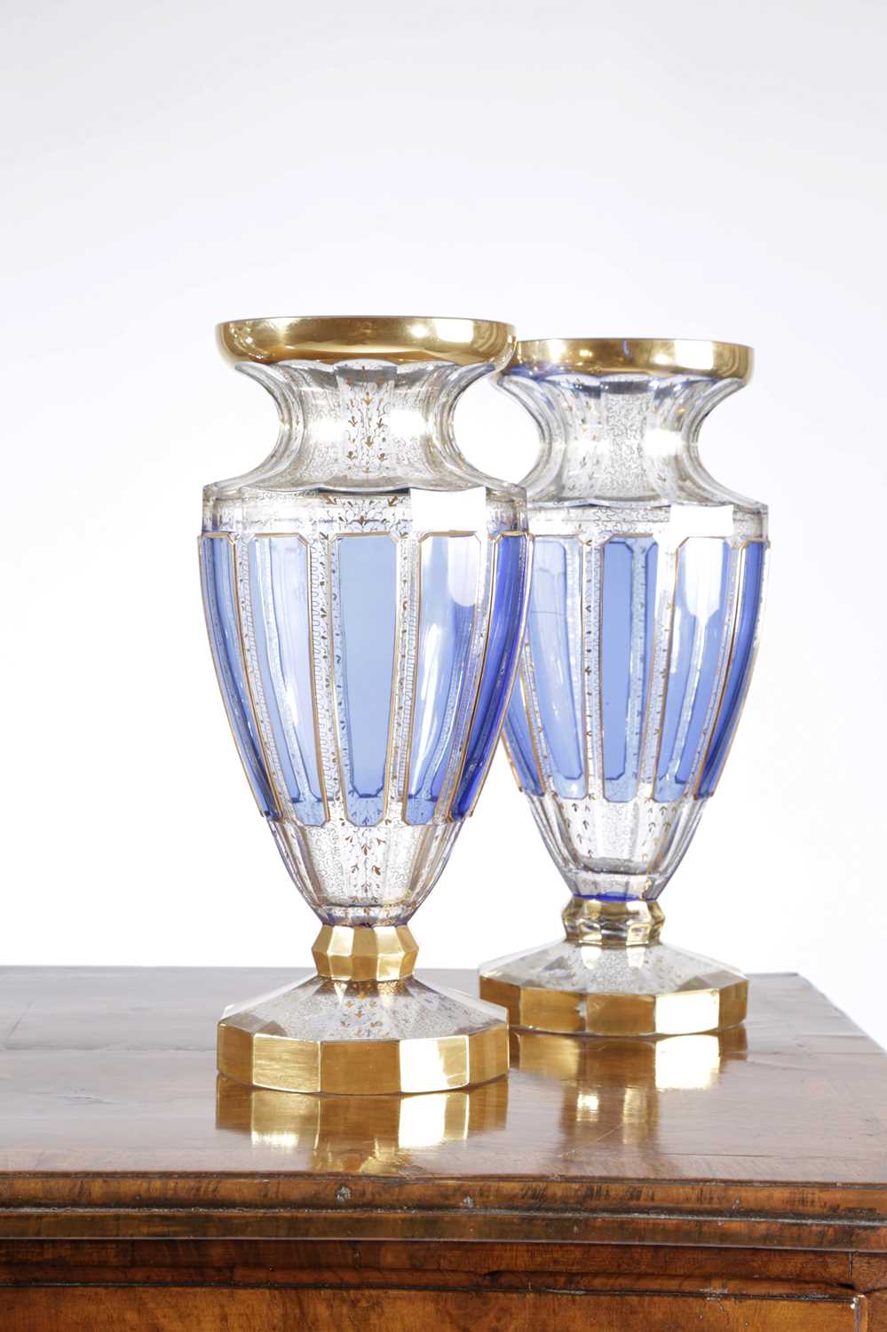 A PAIR OF VENETIAN GLASS VASES 20TH CENTURY of dodecahedral shouldered form, each with a faceted