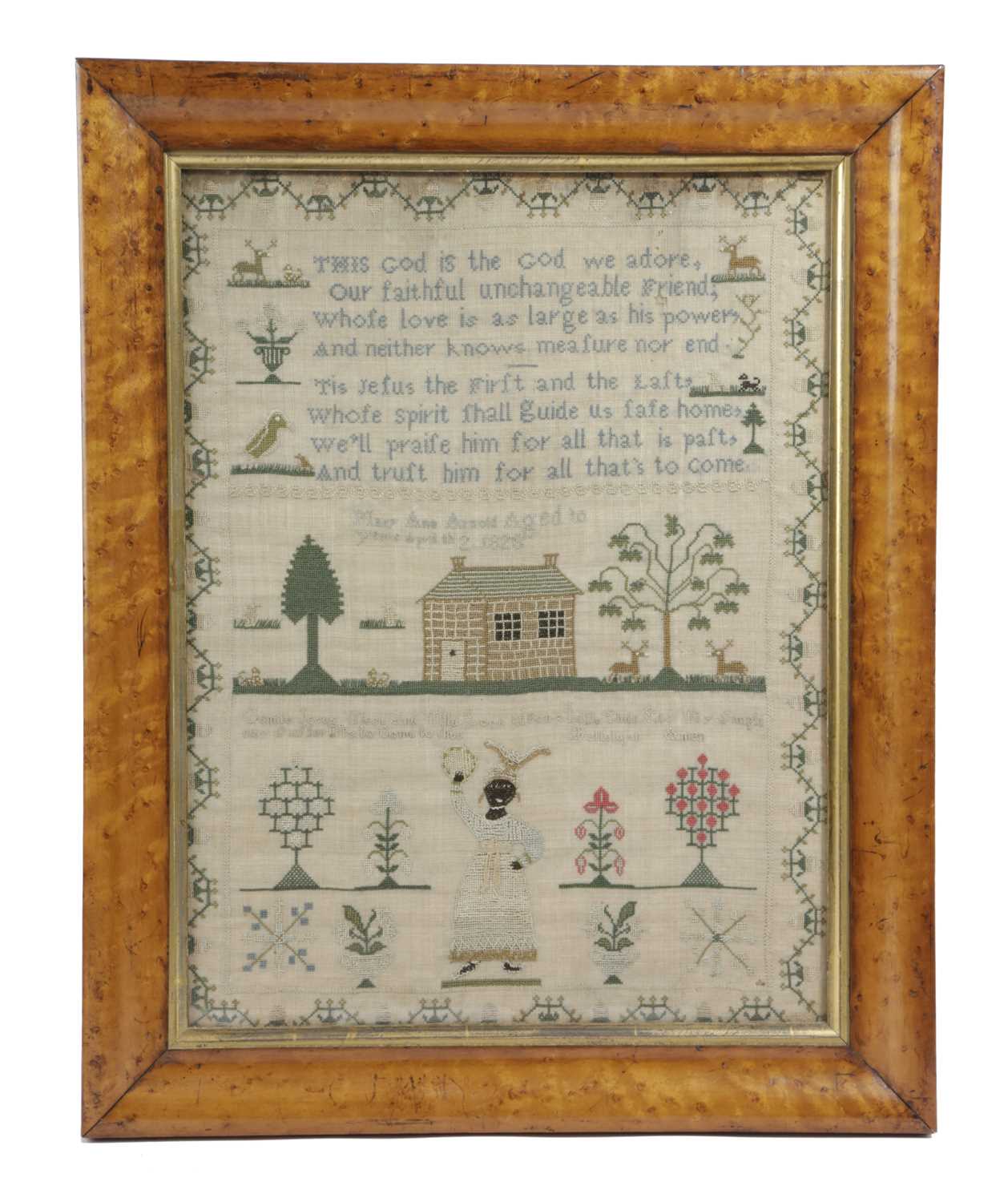 A WILLIAM IV NEEDLEWORK SAMPLER BY MARY ANN ARNOLD worked with coloured silks on a linen ground with