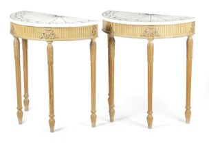 A PAIR OF PINE DEMI-LUNE SIDE TABLES IN GEORGE III STYLE, LATE 19TH / EARLY 20TH CENTURY each with