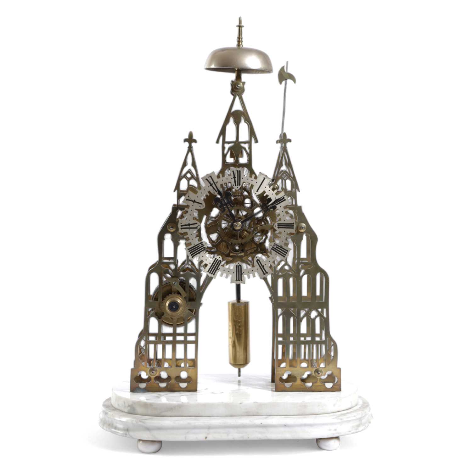 A VICTORIAN BRASS 'GOTHIC CATHEDRAL' SKELETON CLOCK LATE 19TH CENTURY the brass eight day chain