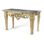 A GILTWOOD SIDE TABLE IN GEORGE II STYLE, PROBABLY 19TH CENTURY the grey marble top with a moulded