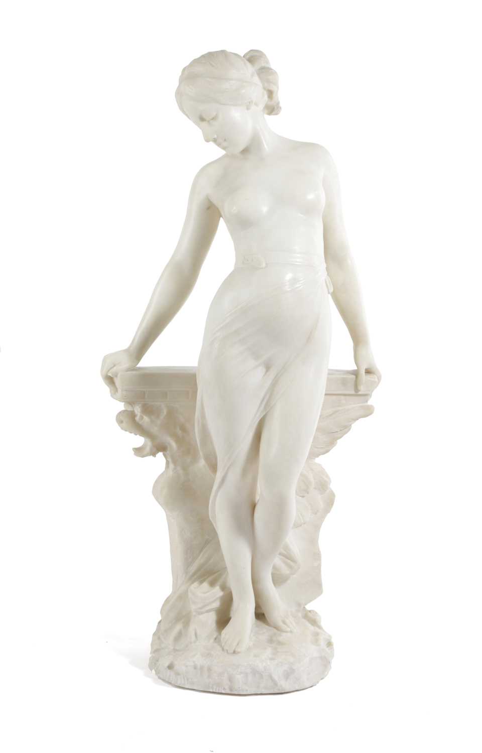 AN ITALIAN ALABASTER FIGURE OF DONNA SULLA ROCCA AFTER P. EMILIO FIASCHI (ITALIAN, 1858-1941), EARLY