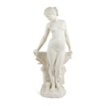 AN ITALIAN ALABASTER FIGURE OF DONNA SULLA ROCCA AFTER P. EMILIO FIASCHI (ITALIAN, 1858-1941), EARLY