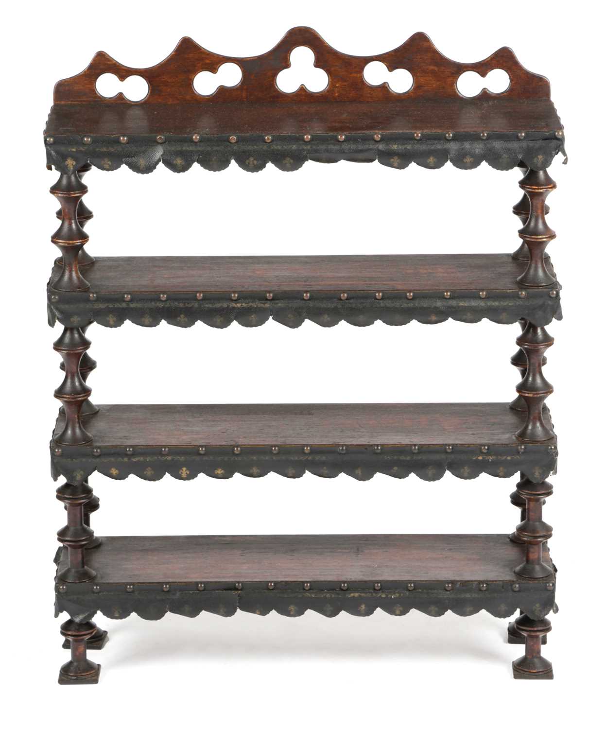 A SET OF FOLK ART STAINED WOOD OPEN SHELVES LATE 19TH / EARLY 20TH CENTURY with knopped, turned