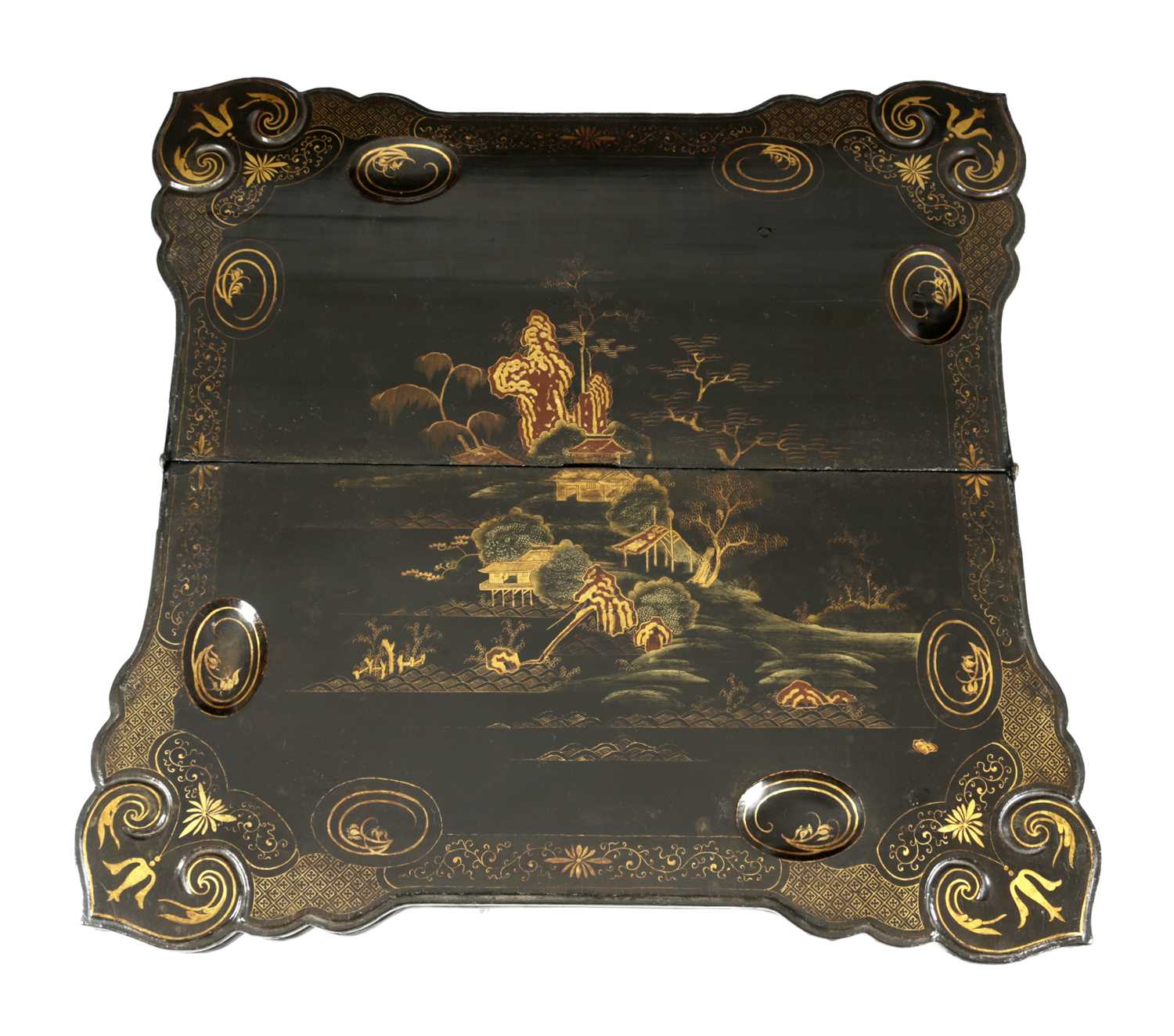 A RARE ANGLO-CHINESE EXPORT LACQUER CARD / TEA TABLE C.1720 the Chinese black lacquer shaped - Image 2 of 8