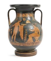 AN APULIAN RED FIGURE PELIKE C.4TH CENTURY BC painted with a standing nude male offering a patera
