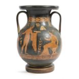 AN APULIAN RED FIGURE PELIKE C.4TH CENTURY BC painted with a standing nude male offering a patera