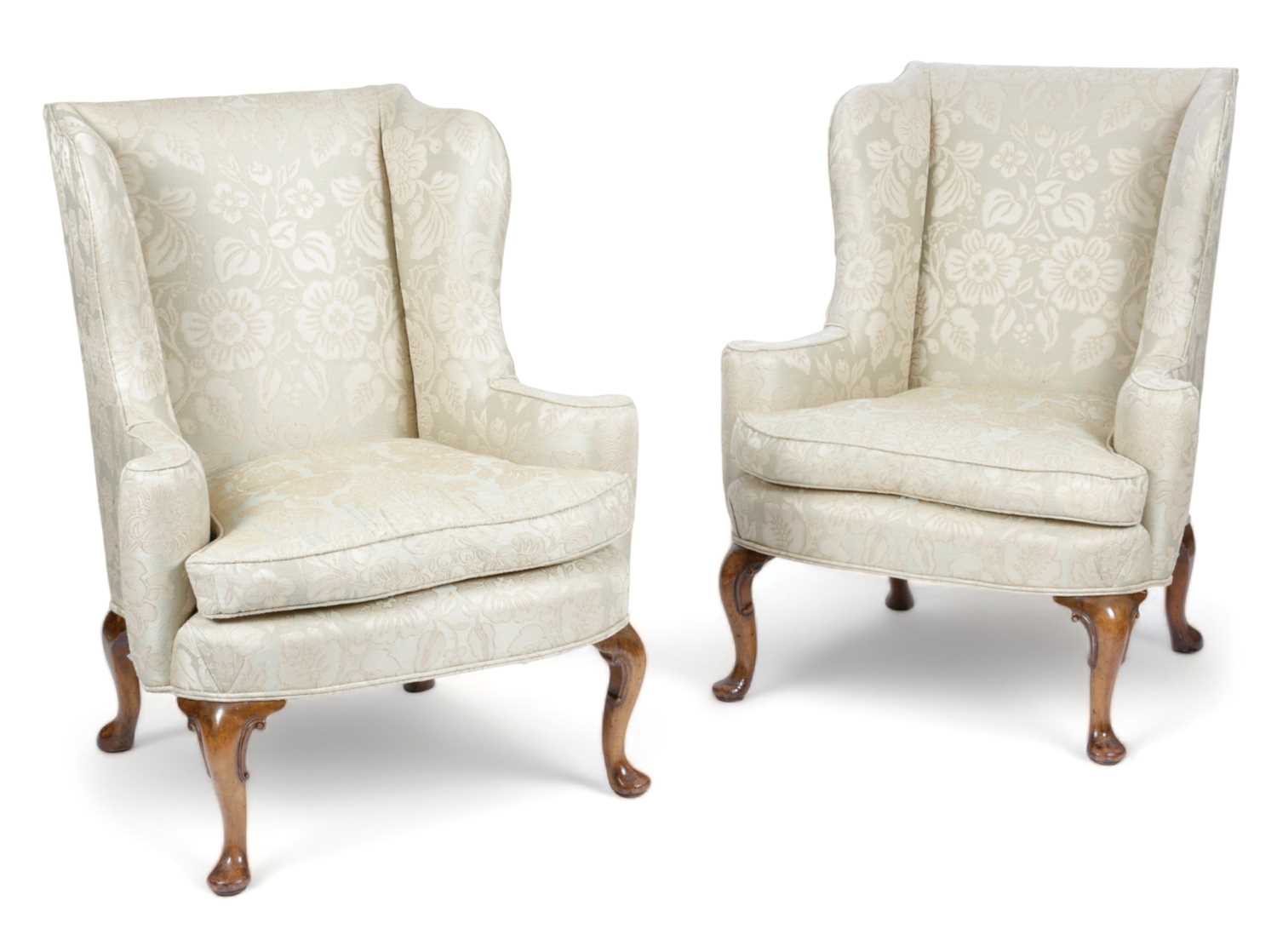 A PAIR WALNUT WING ARMCHAIRS IN QUEEN ANNE STYLE, LATE 19TH CENTURY each with an upholstered back, - Image 3 of 3