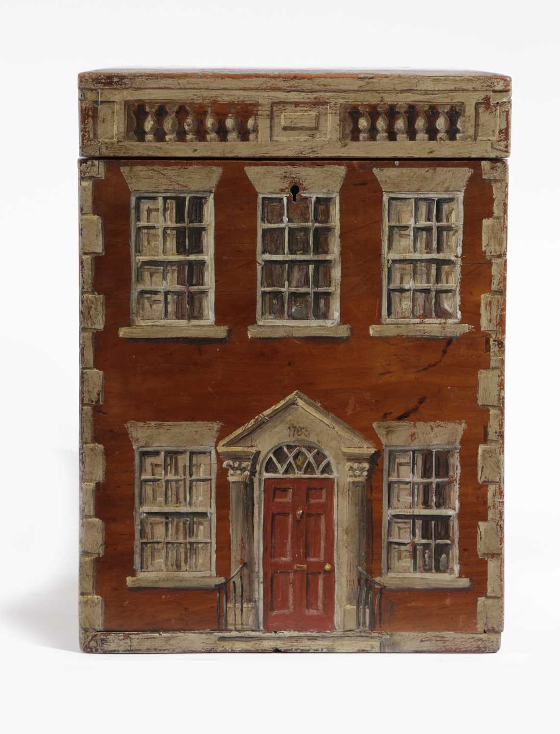 A PAINTED GEORGIAN HOUSE LIDDED BOX 19TH CENTURY AND LATER the cover carved with the initials 'A.M. - Image 2 of 2