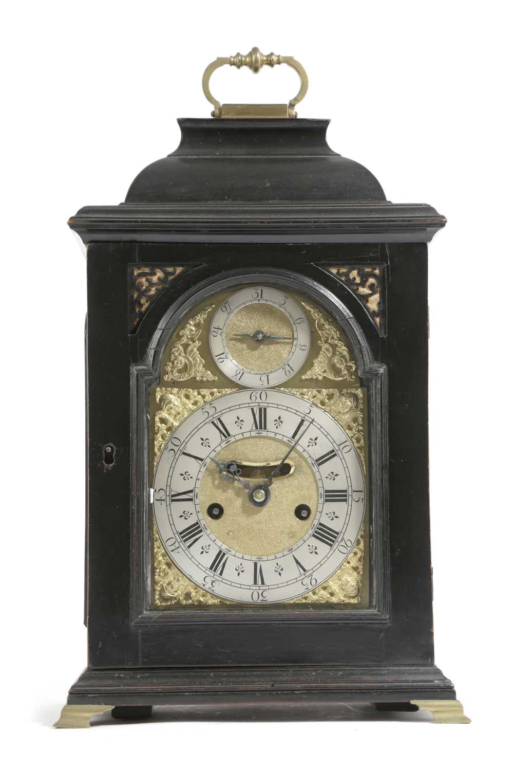 AN EBONY TABLE CLOCK 18TH CENTURY AND LATER the brass twin fusee movement with an anchor