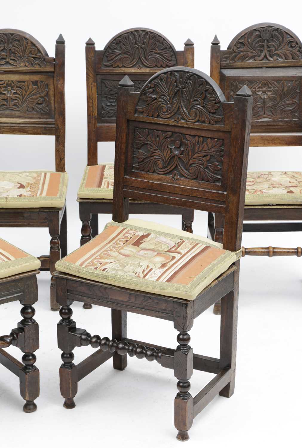 A HARLEQUIN SET OF SIX OAK BACK STOOLS LATE 17TH CENTURY AND LATER each with an arched and carved - Image 2 of 2