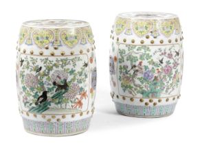 A PAIR OF CHINESE PORCELAIN FAMILLE ROSE GARDEN SEATS LATE 19TH CENTURY the barrel shaped bodies