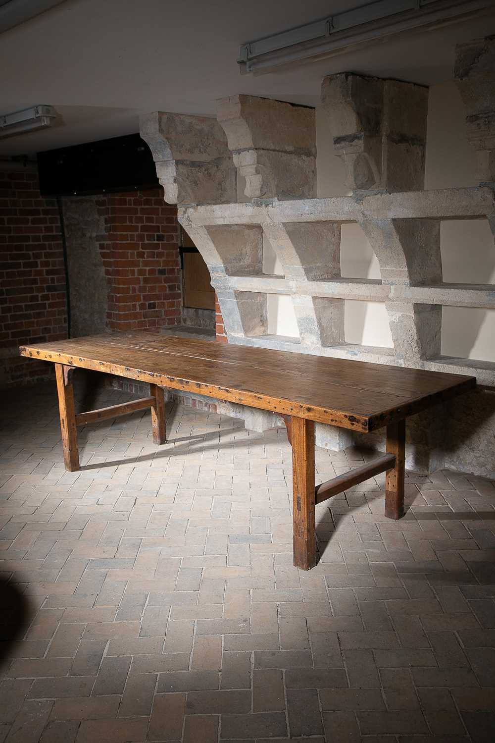 AN ELM REFECTORY TABLE 19TH CENTURY, INCORPORATING EARLIER WOODS the cleated two plank top on square - Image 2 of 2