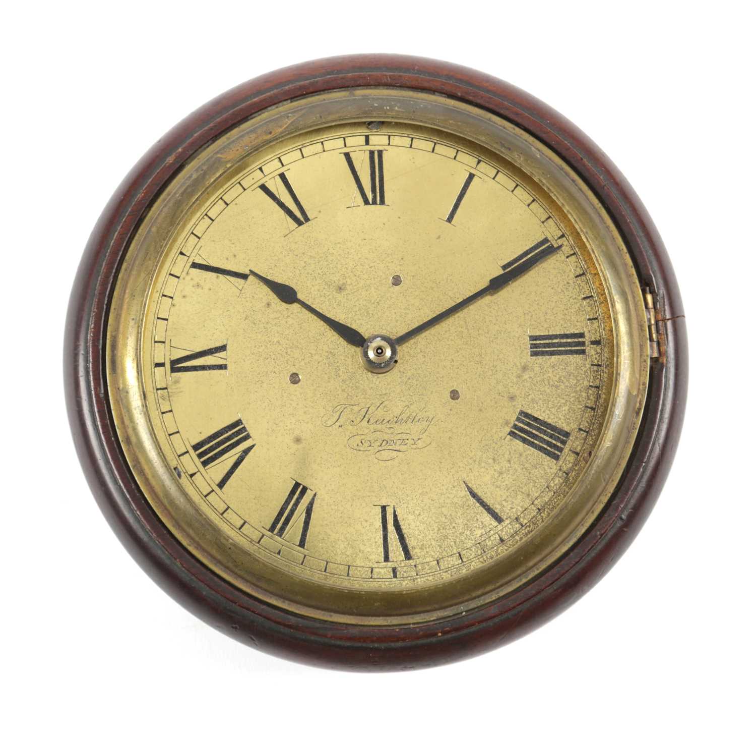 A MAHOGANY AND BRASS SEDAN CLOCK INSCRIBED 'F. KEIGHTLEY, SYDNEY' the 5 3/4inch dial with black