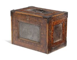 A SOUTH GERMAN BURR YEW, INLAID AND STEEL MOUNTED TABLE CABINET PROBABLY AUGSBURG OR NUREMBURG, LATE