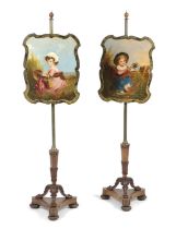 A PAIR OF GEORGE IV BURR OAK POLE FIRESCREENS IN THE MANNER OF GEORGE BULLOCK, C.1825 each with a