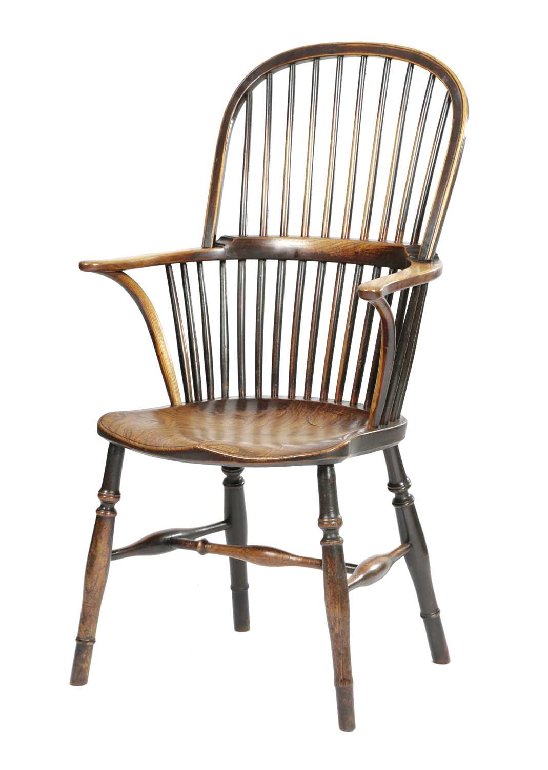 A GEORGE III ASH AND ELM STICK BACK WINDSOR ARMCHAIR WEST COUNTRY, LATE 18TH / 19TH CENTURY with a